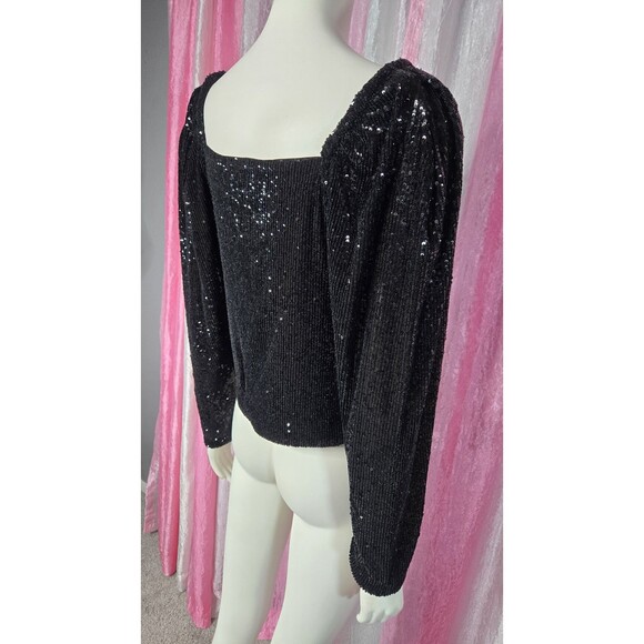 Express Black Sequin Rouched Stretch Evening Blouse Size Large - Picture 10 of 16
